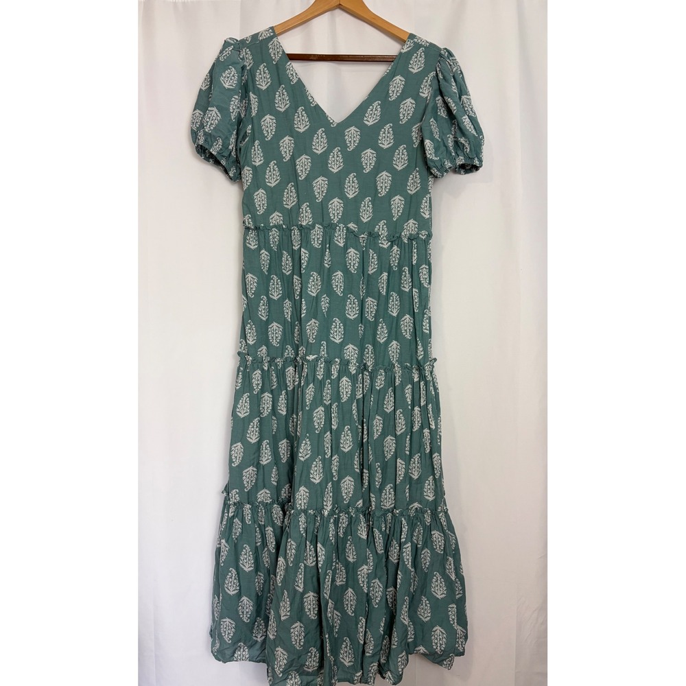 Lucky Brand Boho Floral Women Green Tiered Maxi Dress Puff Sleeve Tie Back Small